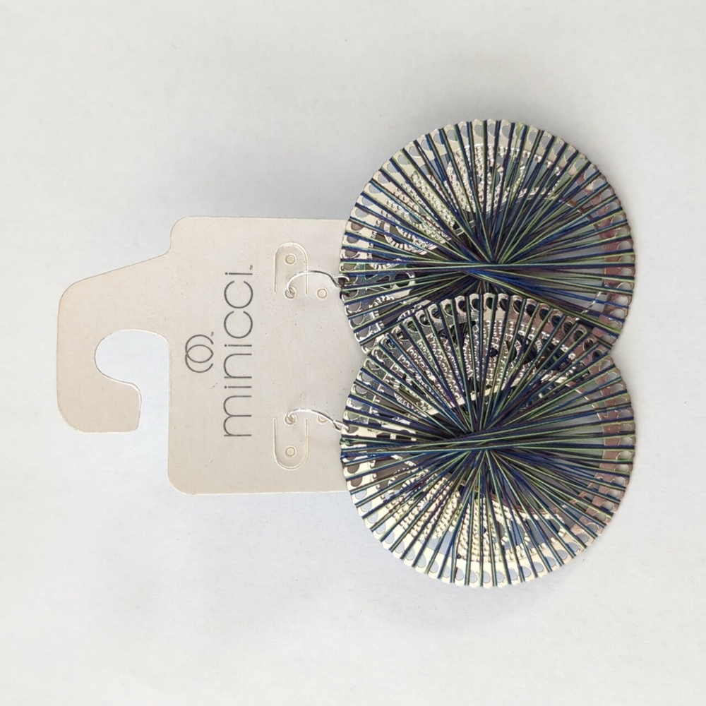 🌻 Minicci Silver Tone Green and Blue Thread Disc Earrings